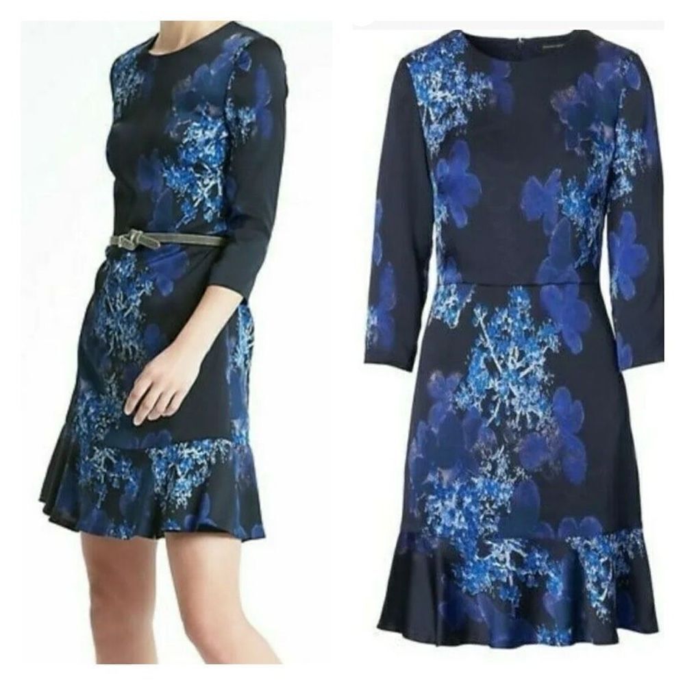 BANANA‎ REPUBLIC FLORAL PRINT 3/4 SLEEVE FIT & FLARE DRESS BLUE MULT Size 6